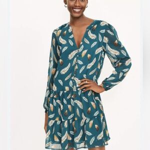 LOFT Teal Feather Print Dress
